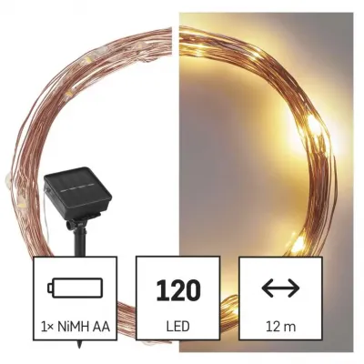 Lmpki świąteczne 120 LED nano łezki z panelem solarnym, miedź, 12 m, IP44, ciepła biel, timer D3ZW01 EMOS (D3ZW01)
