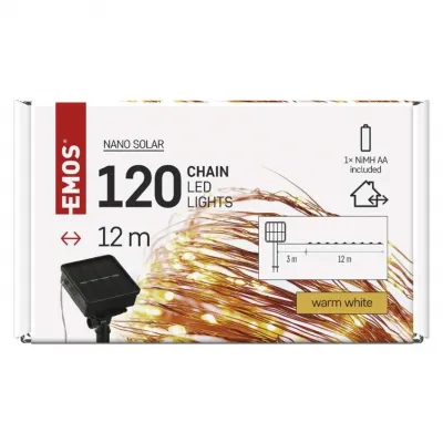 Lmpki świąteczne 120 LED nano łezki z panelem solarnym, miedź, 12 m, IP44, ciepła biel, timer D3ZW01 EMOS (D3ZW01)