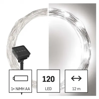 Lampki świąteczne 120 LED nano łezki z panelem solarnym, miedź, 12 m, IP44, zimna biel, timer EMOS (D3ZC01)