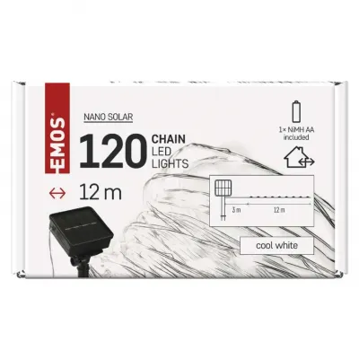 Lampki świąteczne 120 LED nano łezki z panelem solarnym, miedź, 12 m, IP44, zimna biel, timer EMOS (D3ZC01)