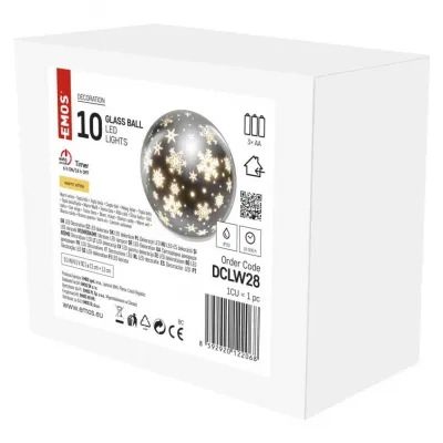Ozdoba świąteczna LED szklana kula10 LED 12 cm 3x AA ciepła biel IP20 timer EMOS (DCLW28)