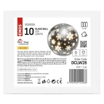 Ozdoba świąteczna LED szklana kula10 LED 12 cm 3x AA ciepła biel IP20 timer EMOS (DCLW28)