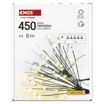 Lampki świąteczne nano łezki frędzle 450 LED 8 m ciepła biel IP20 timer EMOS (D3AW11)