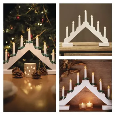 Świecznik świateczny biały drewniany 7 LED 29 cm 2x AA ciepła biel IP20 timer EMOS (DCAW12)