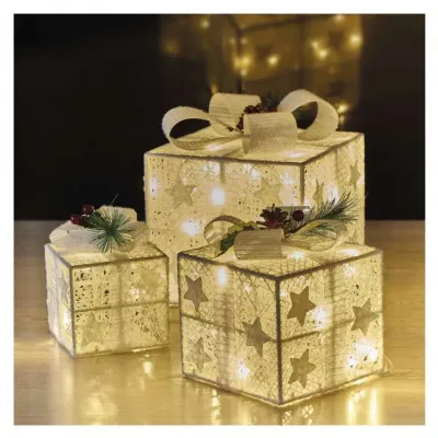 Dekoracja świąteczna 60 LED prezenty 11/13,5/20 cm złote zimna biel IP44 EMOS (DCFC27)