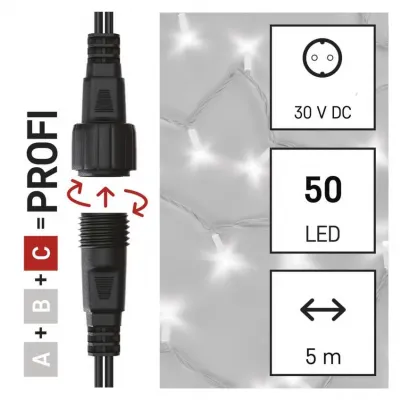 Lampki choinkowe Profi 50 LED 5m zimna biel biały przewód IP44 timer EMOS (D2AC02)