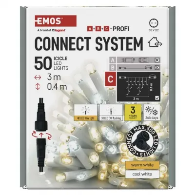 Oświetlenie łączone Profi sople 50LED 3m ciepła+zim biel biały błysz przewód IP44 timer (D2CN02)