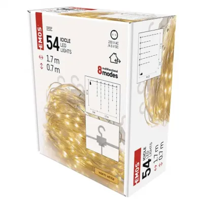 Kurtyna świetlna lampki 54LED drop łezki 1,7m ciepła biel 8 programów IP44 EMOS (D3CW01)