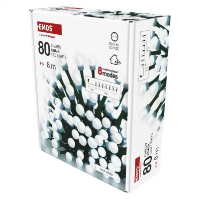 Lampki choinkowe 80 LED cherry 8m zimna biel zielony przewód IP44 8 programów timer EMOS (D5AC22)