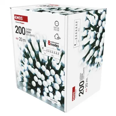 Lampki choinkowe 200 LED cherry 20m zimna biel zielony przewód IP44 8 programów timer EMOS (D5AC23)