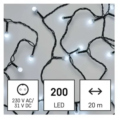 Lampki choinkowe 200 LED cherry 20m zimna biel zielony przewód IP44 8 programów timer EMOS (D5AC23)