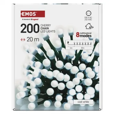 Lampki choinkowe 200 LED cherry 20m zimna biel zielony przewód IP44 8 programów timer EMOS (D5AC23)