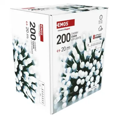 Lampki choinkowe 200 LED cherry 20m zimna biel zielony przewód IP44 8 programów timer EMOS (D5AC23)