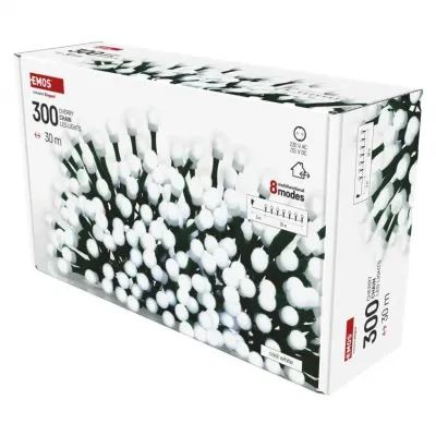 Lampki choinkowe 300 LED cherry 30m zimna biel zielony przewód IP44 8 programów timer EMOS (D5AC24)
