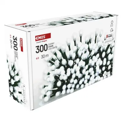 Lampki choinkowe 300 LED cherry 30m zimna biel zielony przewód IP44 8 programów timer EMOS (D5AC24)
