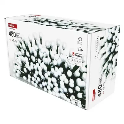 Lampki choinkowe 480 LED cherry 48m zimna biel zielony przewód IP44 8 programów timer EMOS (D5AC25)