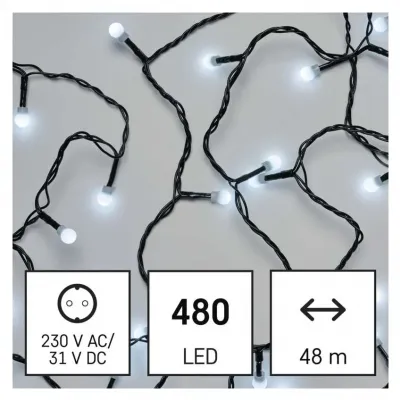 Lampki choinkowe 480 LED cherry 48m zimna biel zielony przewód IP44 8 programów timer EMOS (D5AC25)