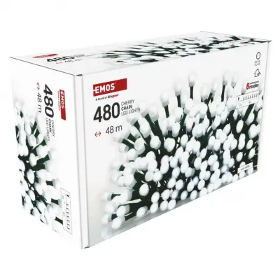 Lampki choinkowe 480 LED cherry 48m zimna biel zielony przewód IP44 8 programów timer EMOS (D5AC25)