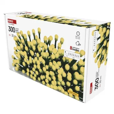 Lampki choinkowe 300 LED cherry 30m ciepła biel zielony przewód IP44 8 programów timer EMOS (D5AW24)