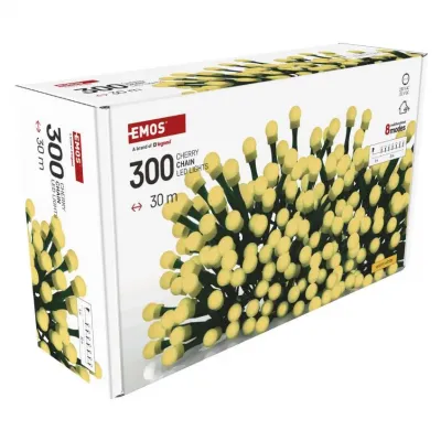 Lampki choinkowe 300 LED cherry 30m ciepła biel zielony przewód IP44 8 programów timer EMOS (D5AW24)
