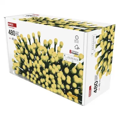 Lampki choinkowe 480 LED cherry 48m ciepła biel zielony przewód IP44 8 programów timer EMOS (D5AW25)