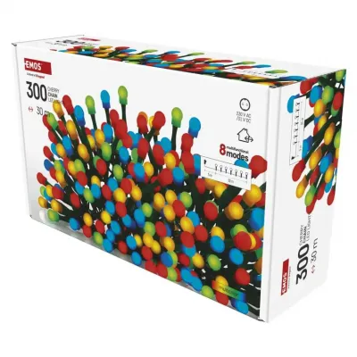 Lampki choinkowe 300 LED cherry 30m multikolor zielony przewód IP44 8 programów timer EMOS (D5AM24)