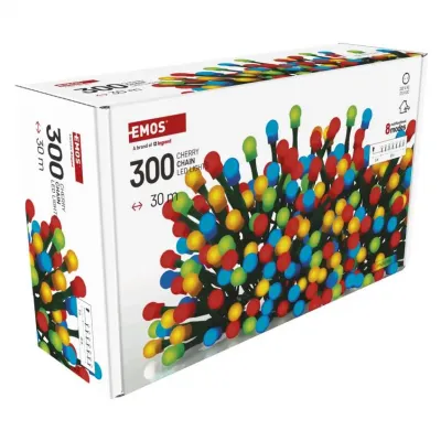Lampki choinkowe 300 LED cherry 30m multikolor zielony przewód IP44 8 programów timer EMOS (D5AM24)