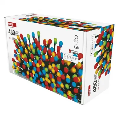 Lampki choinkowe 480 LED cherry 48m multikolor zielony przewód IP44 8 programów timer EMOS (D5AM27)