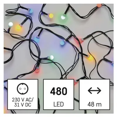 Lampki choinkowe 480 LED cherry 48m multikolor zielony przewód IP44 8 programów timer EMOS (D5AM27)