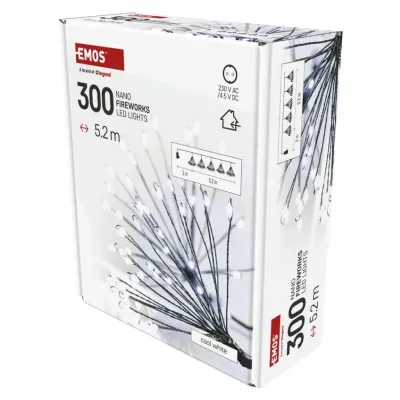 Lampki świąteczne nano łezki frędzle 300 LED 5,2 m zimna biel IP20 timer EMOS (D3AC09)