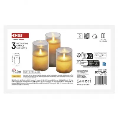 Świece świąteczne woskowe w szkle 100 LED 3 szt 6x AA ciepła biel IP20 timer EMOS (DCCW05)