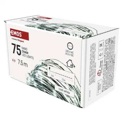 Lampki świateczne nano łezki 75 LED 7,5m zimna biel zielony przewód IP44 timer EMOS (D3AC04)