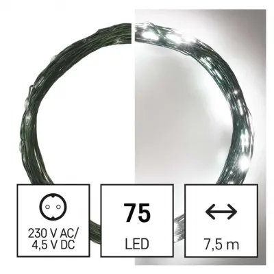 Lampki świateczne nano łezki 75 LED 7,5m zimna biel zielony przewód IP44 timer EMOS (D3AC04)