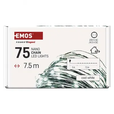 Lampki świateczne nano łezki 75 LED 7,5m zimna biel zielony przewód IP44 timer EMOS (D3AC04)
