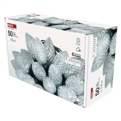 Lampki choinkowe LED szyszki 50 LED 9,8 m zimna biel zielony przewód 8 programów IP44 EMOS (D5ZC01)