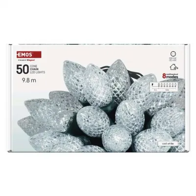 Lampki choinkowe LED szyszki 50 LED 9,8 m zimna biel zielony przewód 8 programów IP44 EMOS (D5ZC01)