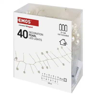 Lampki świąteczne girlanda 40 LED perły 1,2 m 3xAA ciepła biel IP20 timer EMOS (DCGW15)