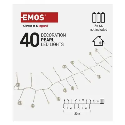 Lampki świąteczne girlanda 40 LED perły 1,2 m 3xAA ciepła biel IP20 timer EMOS (DCGW15)