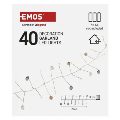 Lampki świąteczne girlanda cyrkonie 40 LED 1,2 m 3x AA ciepła biel IP20 timer EMOS (DCGW16)
