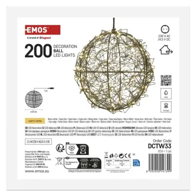 Ozdoba świąteczna kula 200 LED 20 cm ciepła biel IP44 EMOS (DCTW33)