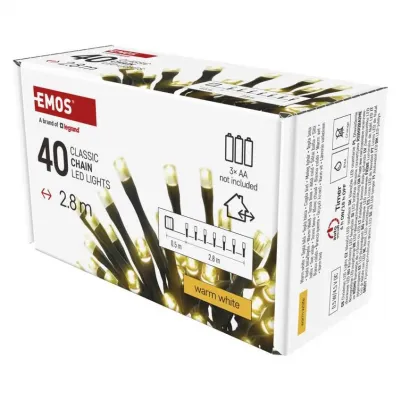 Lampki choinkowe Classic 40 LED 2,8m 3x AA ciepła biel czarny IP44 timer EMOS (D4FW01)