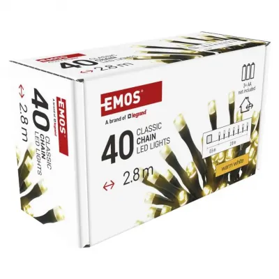 Lampki choinkowe Classic 40 LED 2,8m 3x AA ciepła biel czarny IP44 timer EMOS (D4FW01)