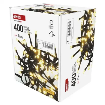 Lampki choinkowe LED Classic Cluster jeżyk 400 LED 8m ciepła biel IP44 timer EMOS (D4BW02)