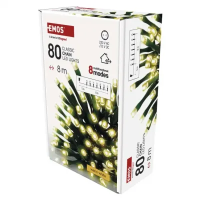 Lampki choinkowe Classic 80 LED 8m ciepła biel zielony przewód IP44 8 programów timer EMOS (D4AW22)
