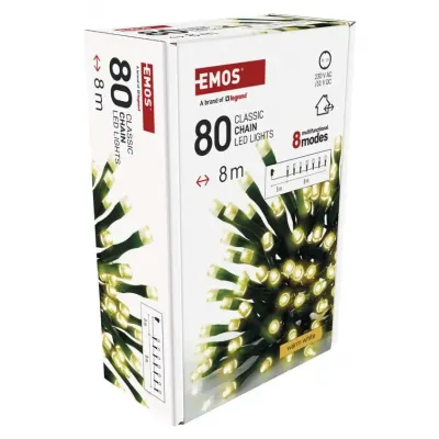 Lampki choinkowe Classic 80 LED 8m ciepła biel zielony przewód IP44 8 programów timer EMOS (D4AW22)