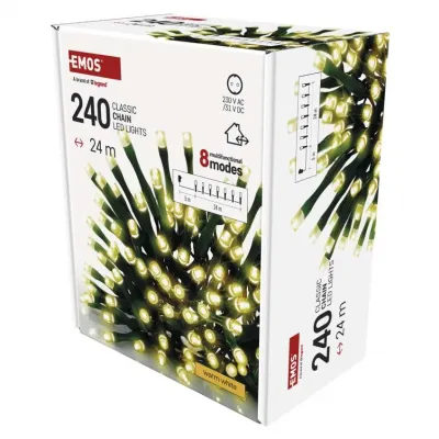 Lampki choinkowe Classic 240 LED 24m ciepła biel zielony przewód IP44 8 program. timer EMOS (D4AW25)
