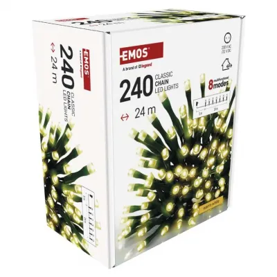 Lampki choinkowe Classic 240 LED 24m ciepła biel zielony przewód IP44 8 program. timer EMOS (D4AW25)