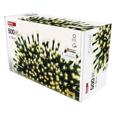 Lampki choinkowe Classic 500 LED 50m ciepła biel zielony przewód IP44 8 programów timer EMOS (D4AW26)