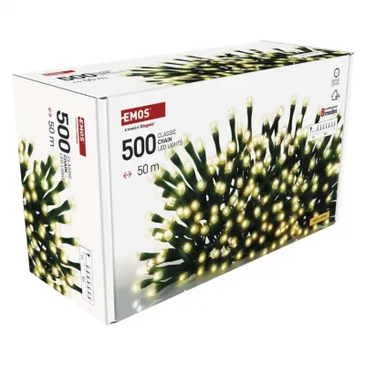 Lampki choinkowe Classic 500 LED 50m ciepła biel zielony przewód IP44 8 programów timer EMOS (D4AW26)