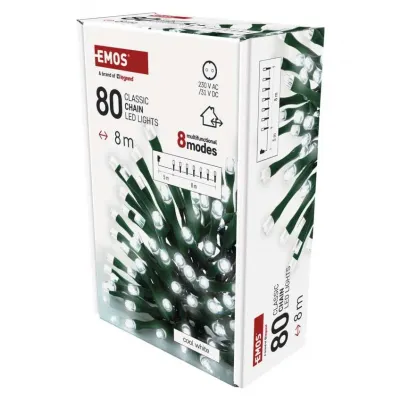 Lampki choinkowe Classic 80 LED 8m zimna biel IP44 8 programów timer EMOS (D4AC22)